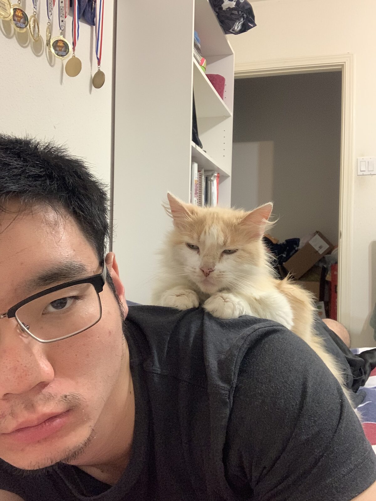 Kitty 1 perched on Victor’s shoulder